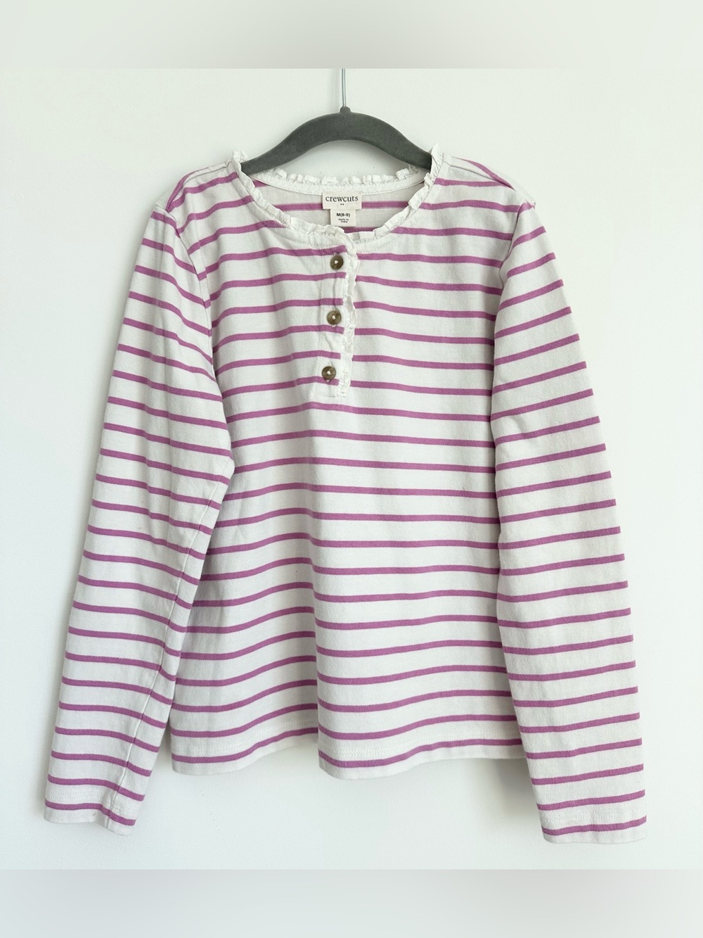 J.CREW Crewcuts Girls White and Pink Striped Long Sleeve Henley Size M 8-9 Yrs